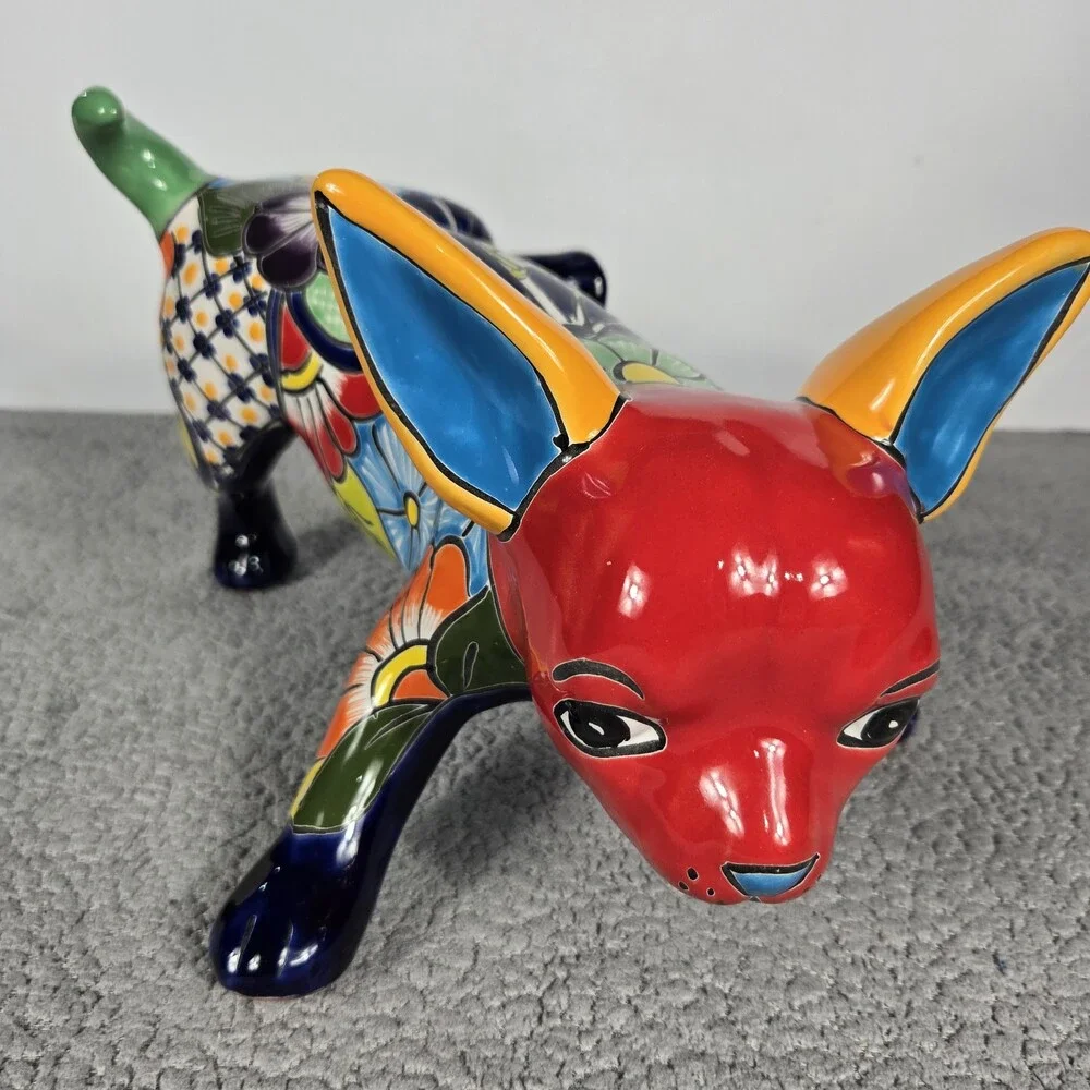 Talavera Peeing Chihuahua Mexican Pottery Art Hand Painted 8 x 9 X 12 In